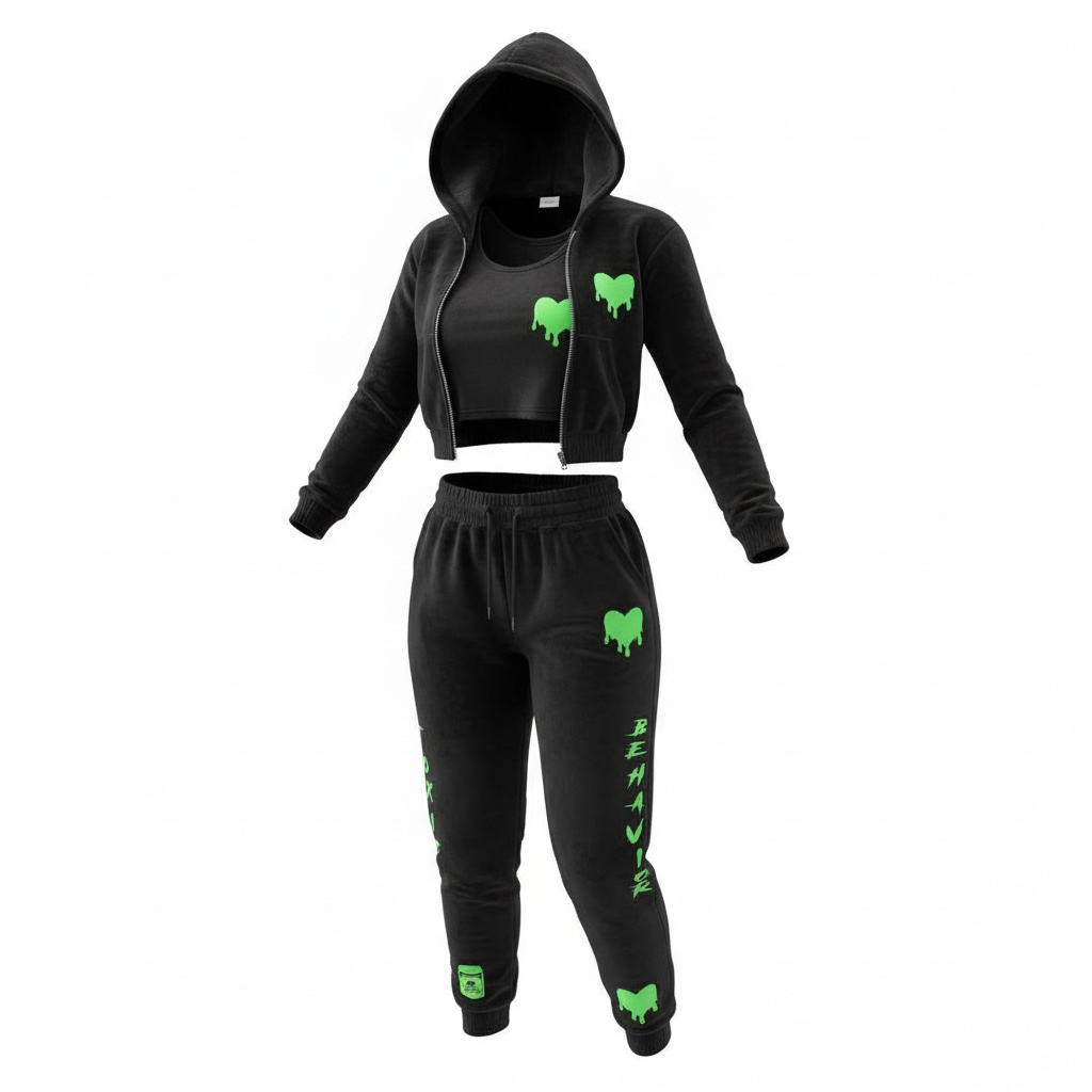 Women Glow In Dark "Toxic Behavior" Toxic Green Velour Sweat Suit Set