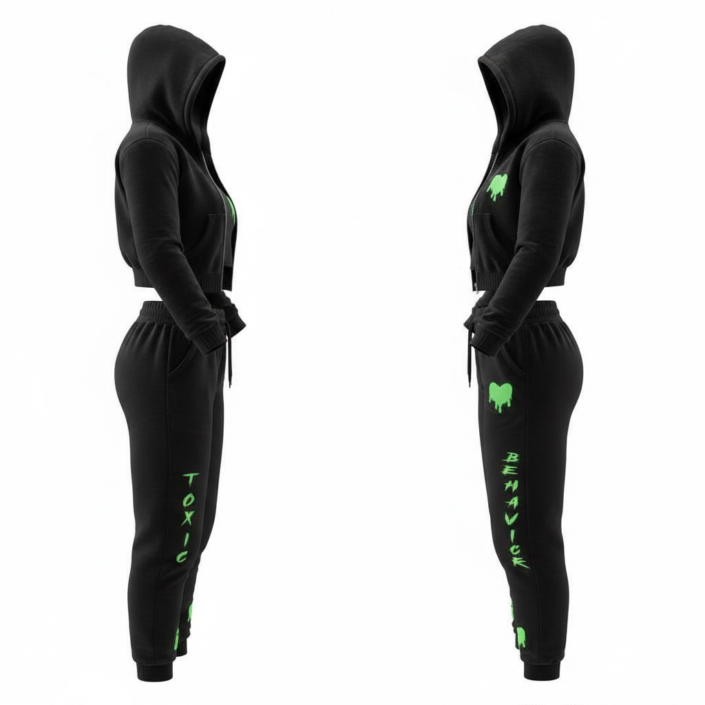 Women Glow In Dark "Toxic Behavior" Toxic Green Velour Sweat Suit Set
